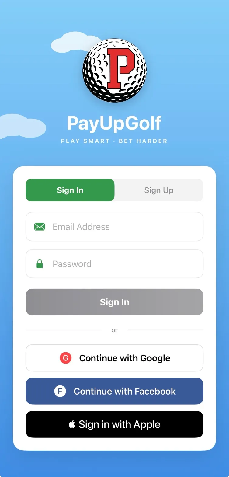 PayUpGolf Login Screen